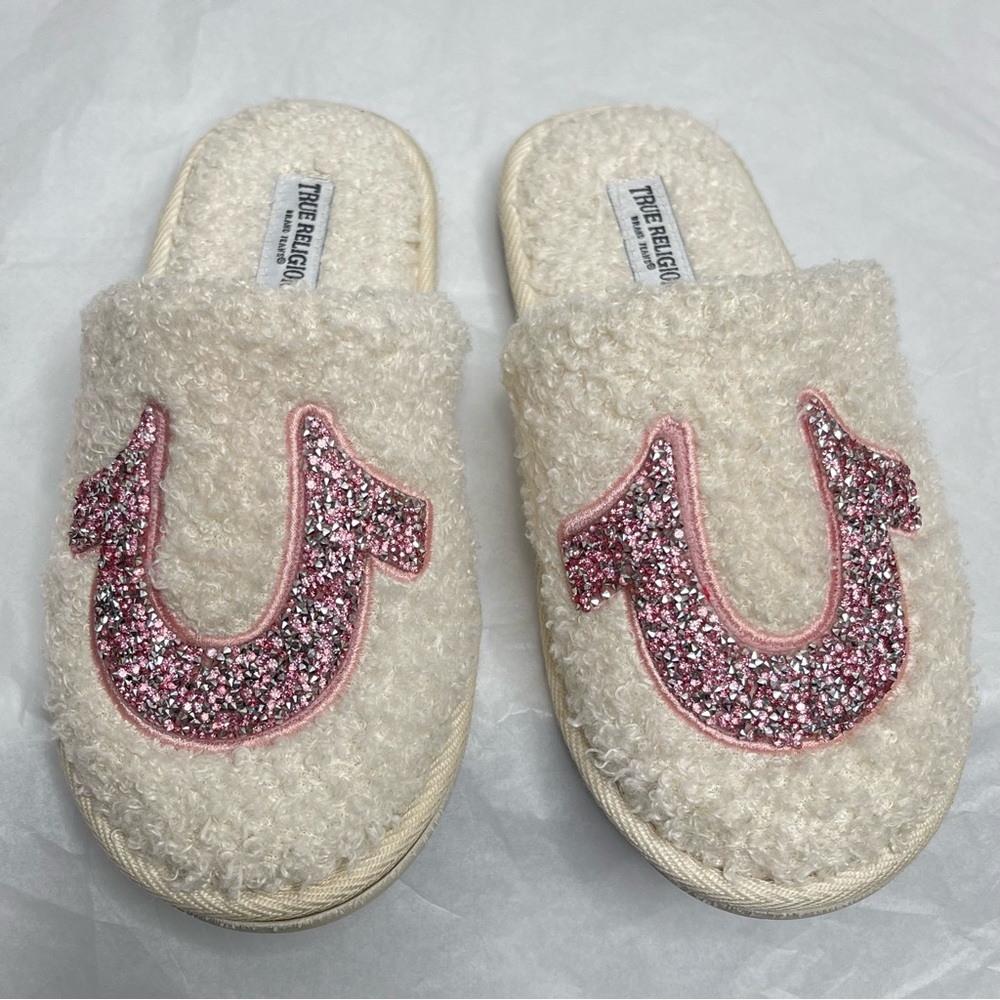 True Religion Sparkly Pink Rhinestone Faux Fur Slippers Cream Mules Women's 5/6